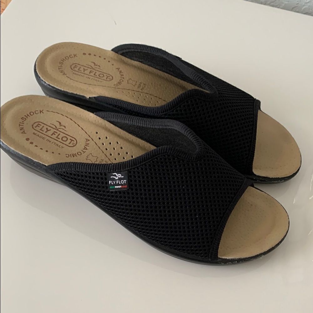 Fly Flop Women's Black Mesh Open-Toe Comfort Wedge Slide Sandals Size 39